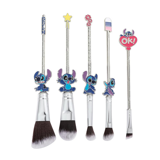 Adorable Stitch Theme Makeup Brushes Set - Cartoon Design with 5 Essential Brushes - Complete with Blue Makeup Brush Bag