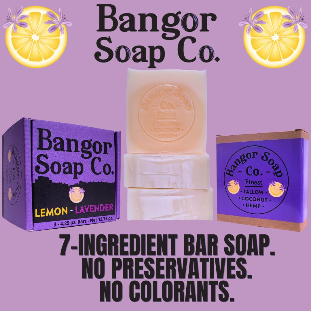 Bangor Soap Co.'s SWEET LEMON LAVENDER Pure, Natural Soap Bars, The FINEST Tallow, Coconut, and Hemp, NOTHING Artificial, NOTHING Superficial for A Smooth, Nourishing Lather (3-Pack)