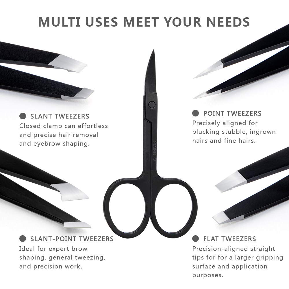 Tweezers Set 5-Piece - Professional Stainless Steel Tweezers with Curved Scissors, Best Precision Tweezer for Eyebrows, Splinter & Ingrown Hair Removal with Leather Travel Case (Black)