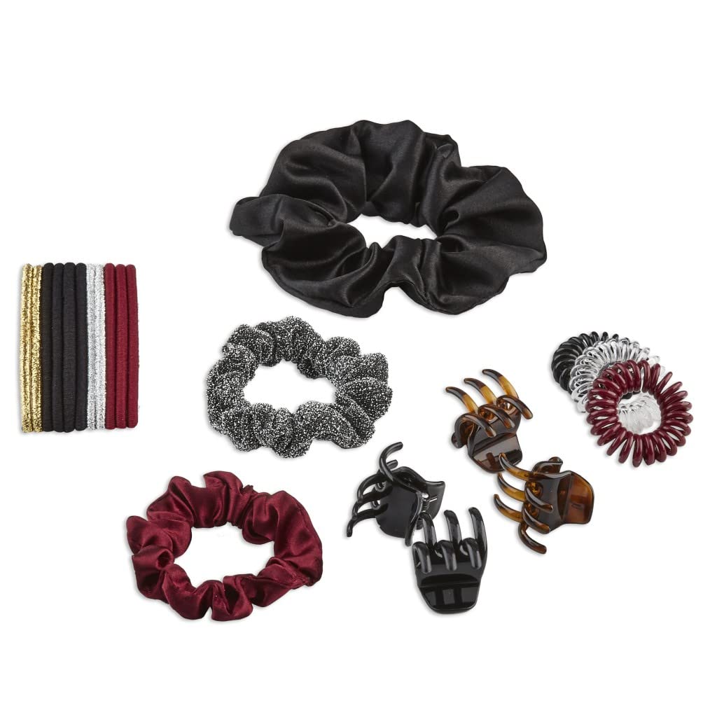 Scünci Hair Fashion Favorites Gift Set Includes 3 Claw Clips, 3 Scrunchies, 3 No-Damage Ponytail Holders, 11 Beautiful Holiday Elastics in Acrylic Presentation Box