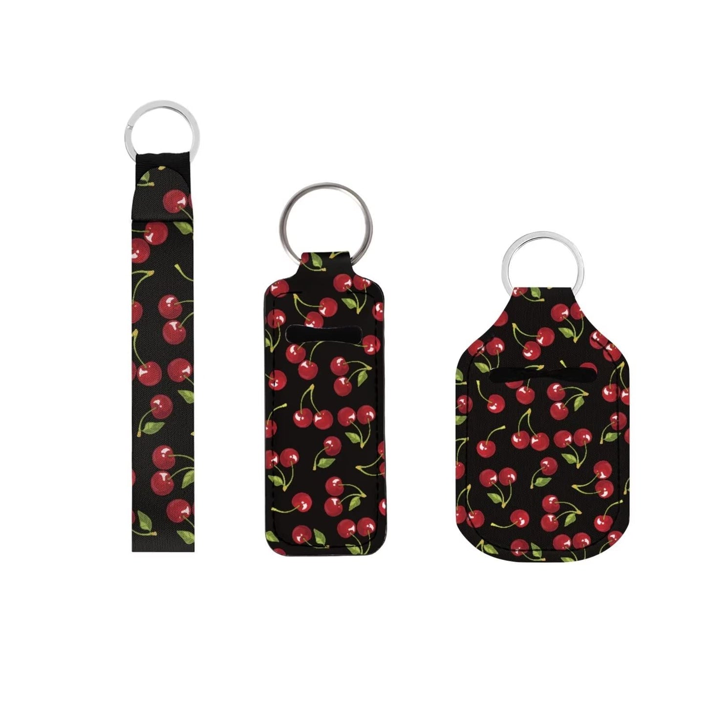 Suobstales 1 Cute Cherry Chapstick Holder 1 Keychain Wristlet Lanyards 1 Mini Bottle Keychain Holder,Neoprene Travel Bottle Keychain Holders Set of 3