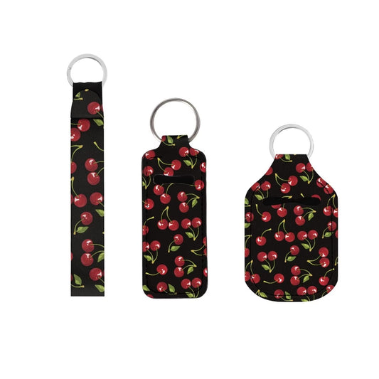 Suobstales 1 Cute Cherry Chapstick Holder 1 Keychain Wristlet Lanyards 1 Mini Bottle Keychain Holder,Neoprene Travel Bottle Keychain Holders Set of 3