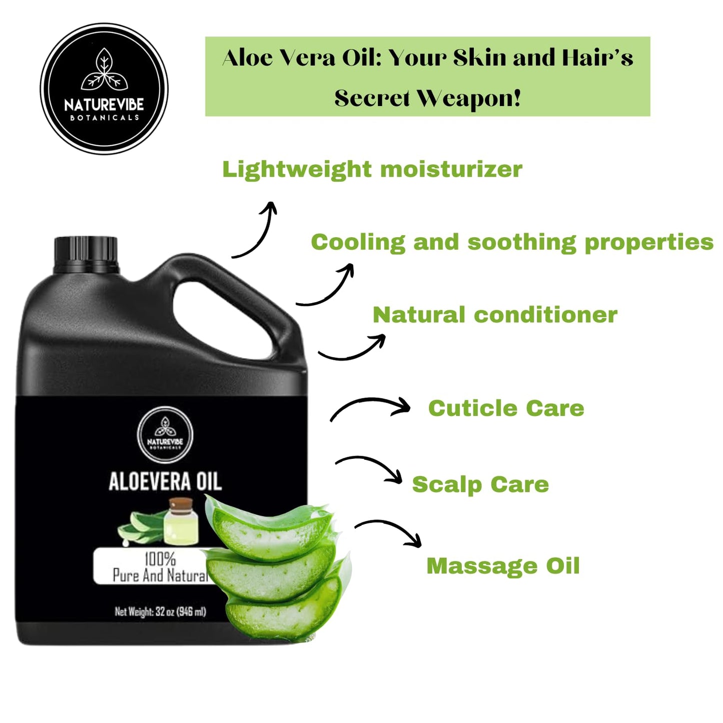 Naturevibe Botanicals Aloevera Oil 32 Ounces | 100% Pure and Natural | Great for Skin Care and Hair Care