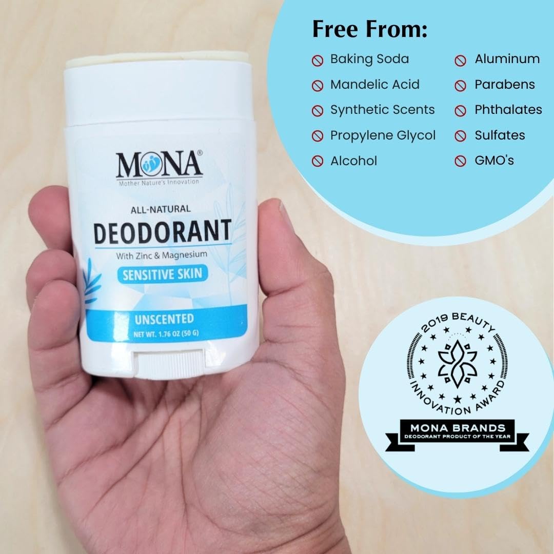 MONA BRANDS All Natural Deodorant For Women & Men | For Sensitive Skin | No Aluminum or Baking Soda | (2-Pack UNSCENTED 1.76 Oz each)