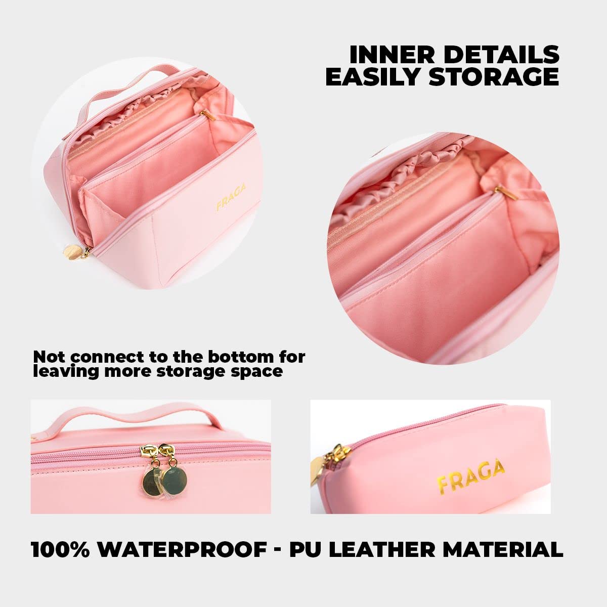 FRAGA 2 in 1 New Model Makeup Bag, Waterproof Cosmetic Bag, with Large Capacity, Skin Care Organizer for Travel, Easy to Clean (Pink)