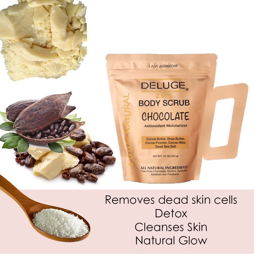 Deluge Chocolate Scrub for Cellulite and Stretch Marks, Body Exfoliant and Hydrating Cellulite Treatment with Shea Butter, Coconut Oil and Dead Sea Salt Firms, Tones and Moisturizes Skin (10 oz)