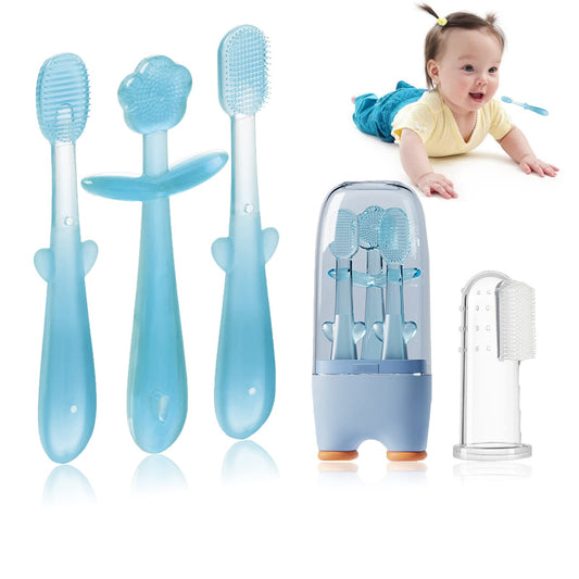 FOKiiBO Baby Silicone Toothbrush Set, Toothbrush + Tongue Brush + Baby Teether + Finger Toothbrush with Cup for Training Teething, 0-18M Infant Toddler Newborn Baby Teeth Brushes (Blue)