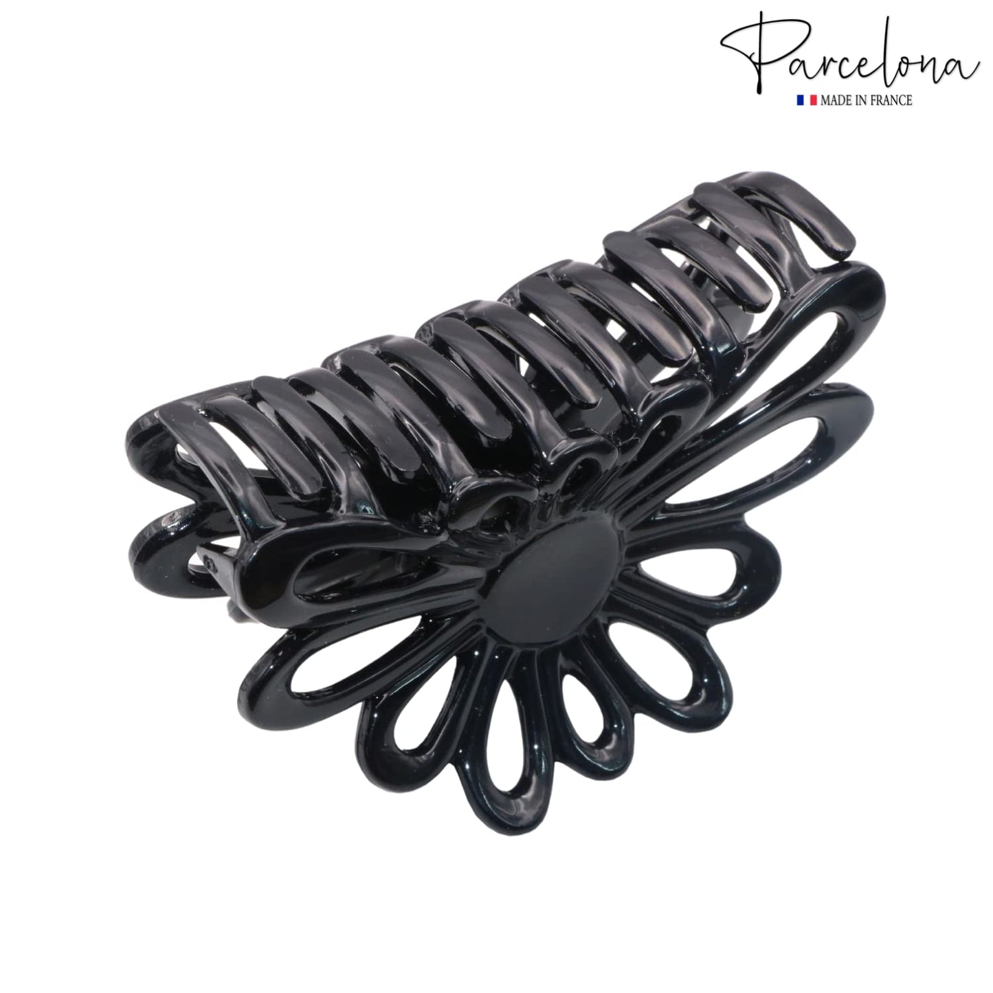 Parcelona French Plume 3" Celluloid No Slip Grip Covered Spring Jaw Hair Claw Durable Styling Women Hair Accessories Girls Hair (Solid Black)