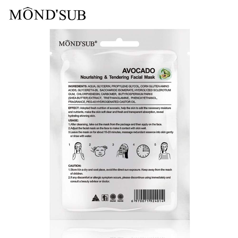 MOND'SUB [12 P] Avocado Oil Facial Masks-Best Sheet Mask For Dry Skin-Deeply Nourishing&Moisturizing- Make Skin Soft&Clear-Every Skin Condition Day to Day Skin Concerns-Both Men&Women