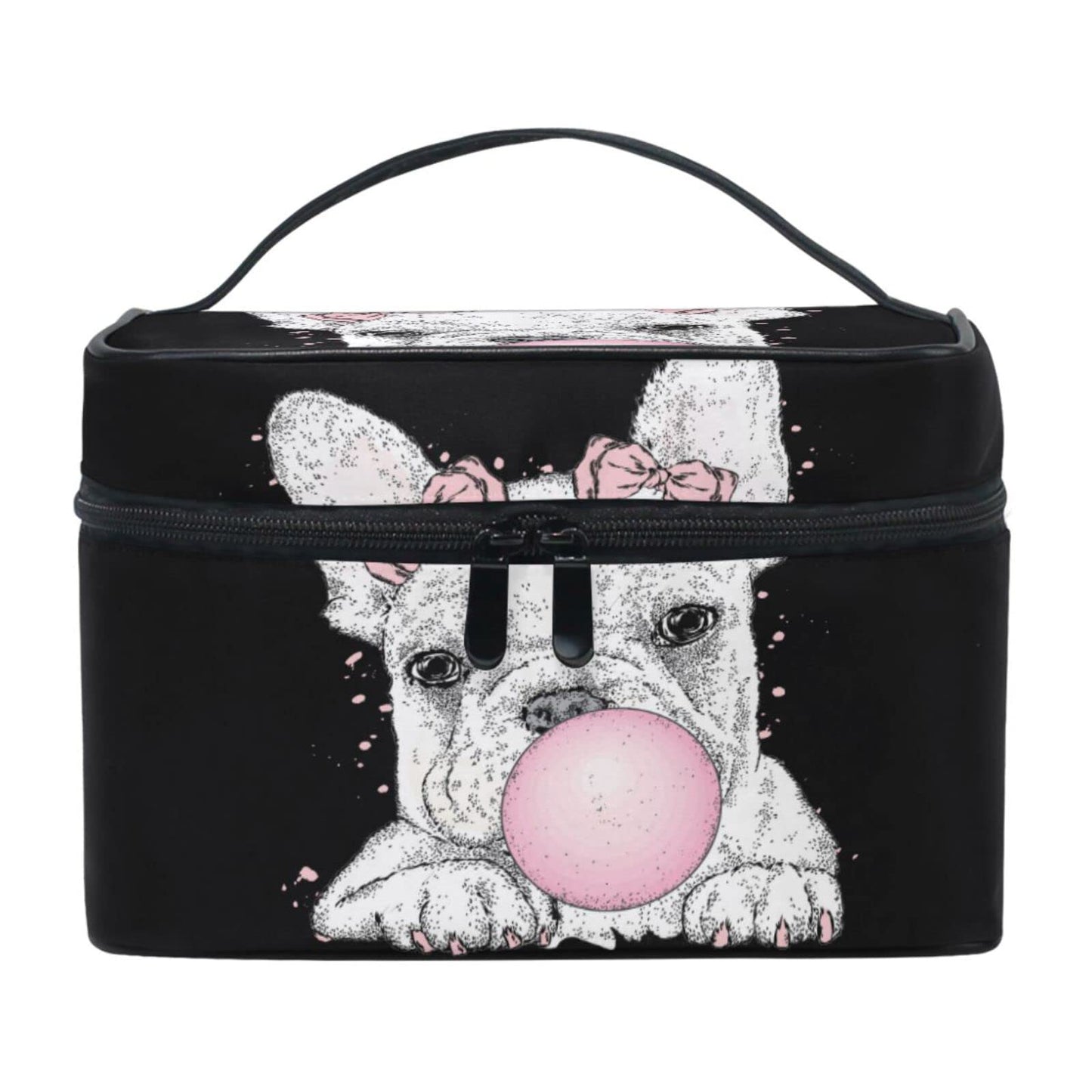 ZOEO Makeup Train Case Pink Bulldog Puppy Bubbles Korean Carrying Portable Zip Travel Cosmetic Brush Bag Organizer Large for Girls Women