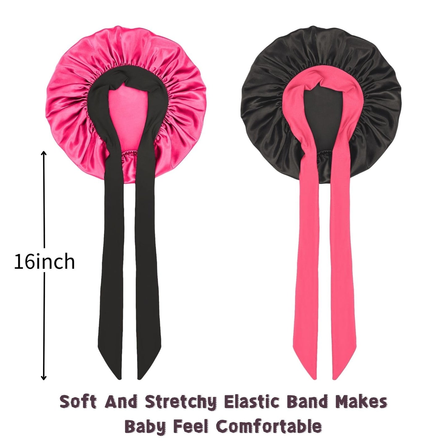 Satin Bonnet Silk Hair Cap: 2pcs Kids Bonnets with Adjustable Tie Band for Baby Toddler Sleeping Hair Bonnets Sleep Comfortable No Slip-Off (Black & HotPink)