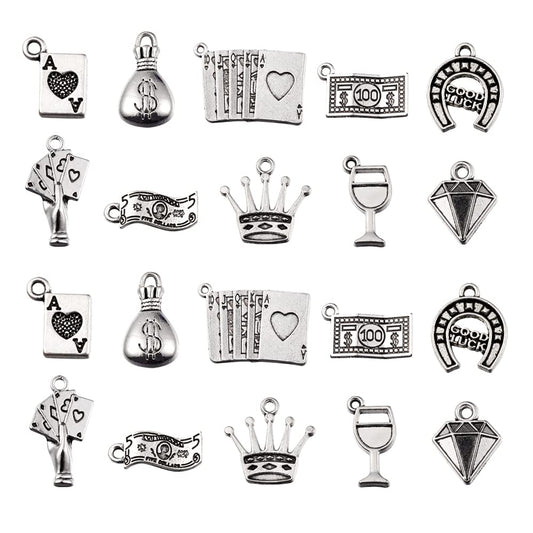 LiQunSweet 100Pcs 10 Style Gambling Game Charms Cash Playing Cards Casino Chip Money Dollars Charm for Jewelry Making