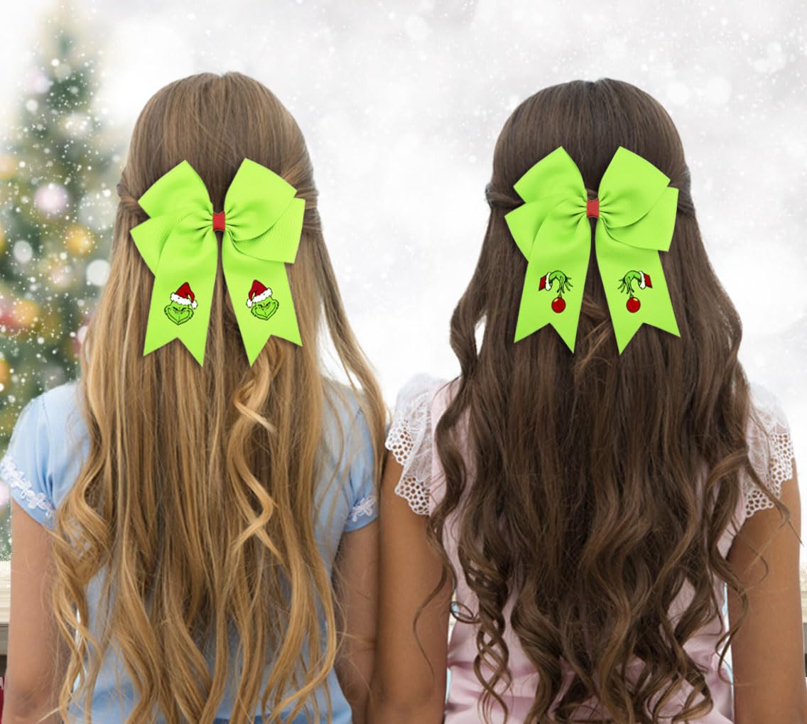 2PCS Grinch Hair Bow Large Green Christmas Hair Bows For Girls Women, Christmas Hair Clips Grinch Hair Accessories, Grinch Bows For Christmas Party Favors Holiday Costume Accessories Gift