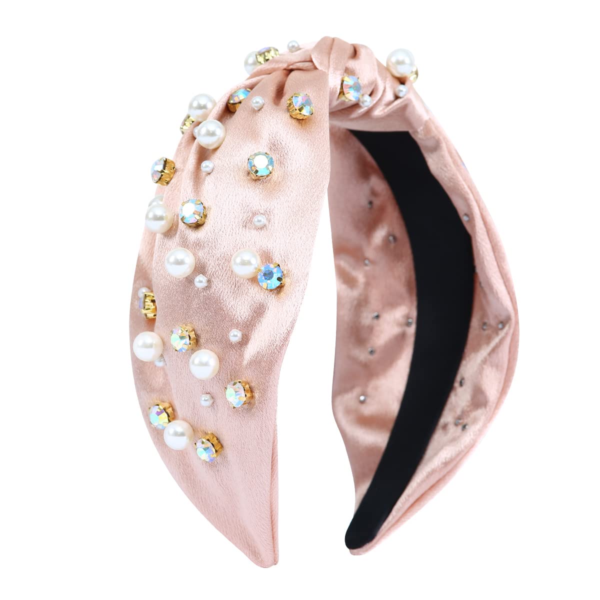 FEDANS Satin Headbands for Women Knotted Rhinestone Crystal Headband Pearl Jeweled Champagne Hairband Ladies Hair Accessories