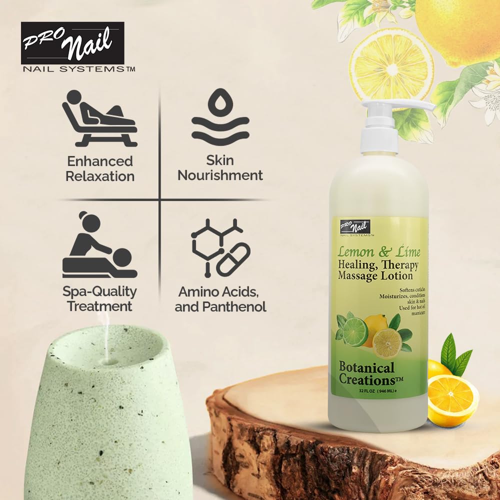 PRONAIL - Healing Therapy Massage Lotion - Professional Pedicure, Body and Hot Oil Manicure, Infused with Natural Oils, Vitamins, Panthenol and Amino Acids (Lemon and Lime, 32 Oz)