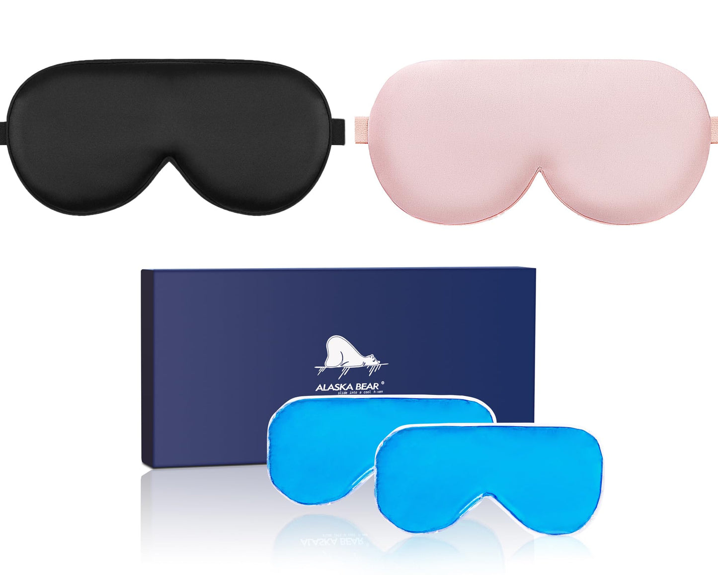 ALASKA BEAR Cooling Gel Eye Mask Weighted Silk Sleep Mask & Cotton Eyeshades Cold & Hot Compress for Pain Relief, 180g Heavy, 2 Set(Black & Pink)