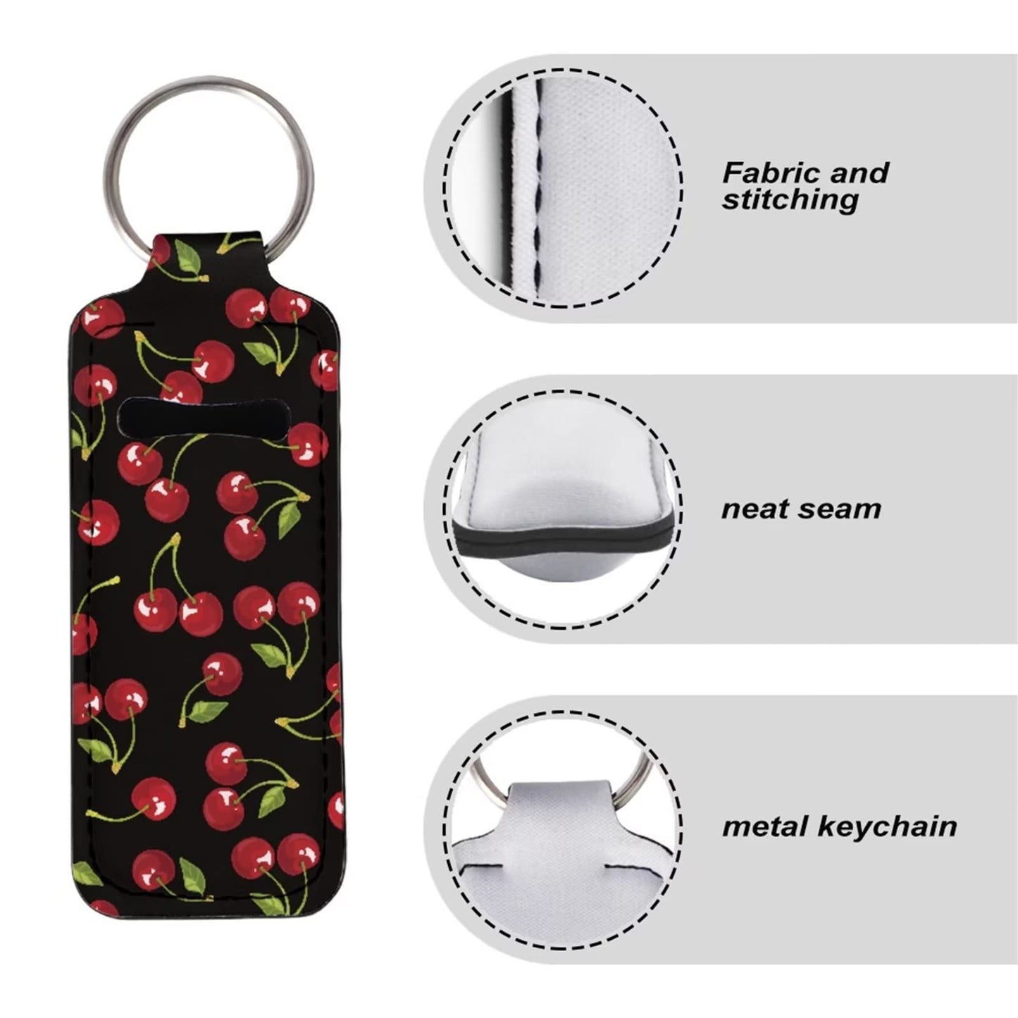 Suobstales 1 Cute Cherry Chapstick Holder 1 Keychain Wristlet Lanyards 1 Mini Bottle Keychain Holder,Neoprene Travel Bottle Keychain Holders Set of 3