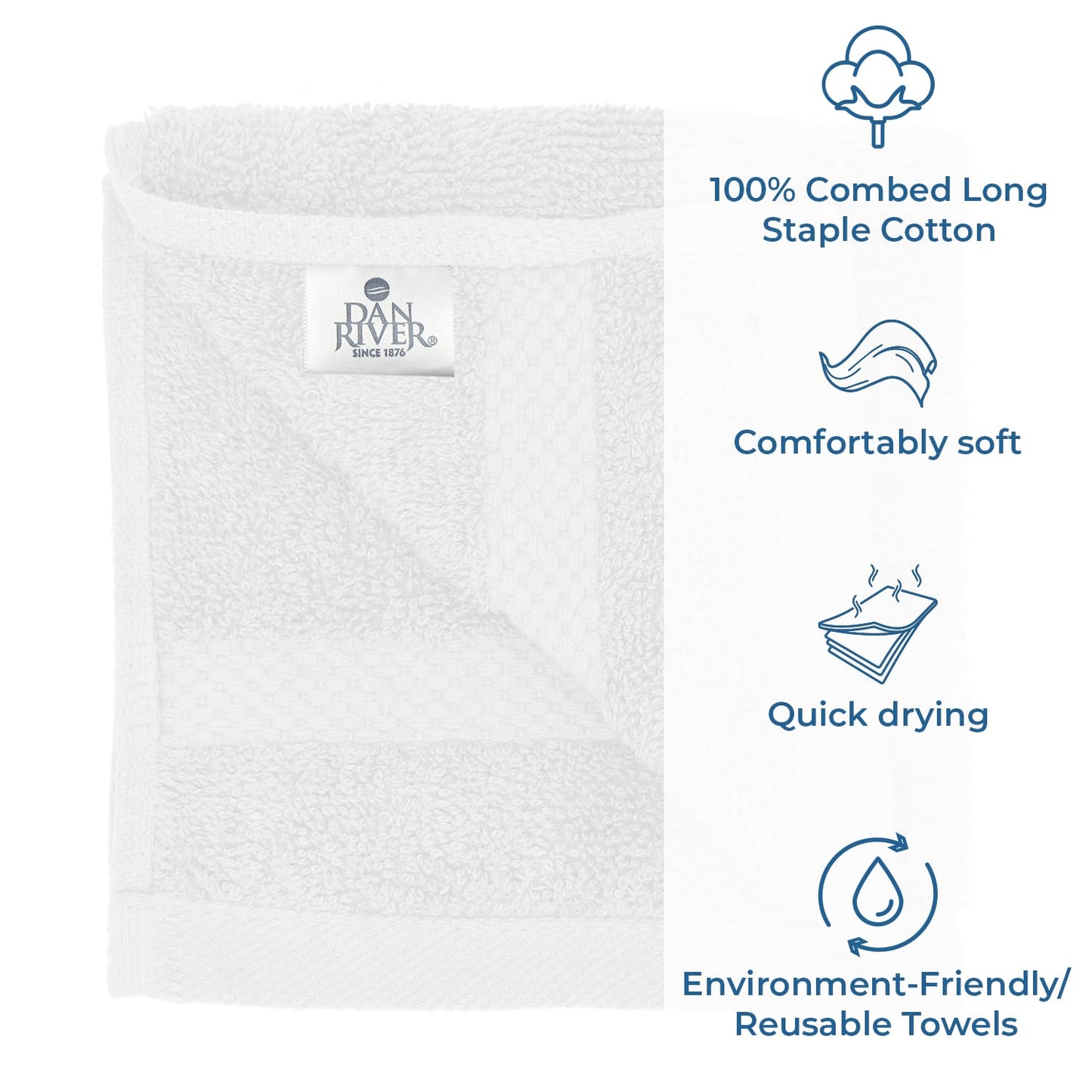 DAN RIVER 100% Cotton Face Towels 12 Pack - Premium Quality Washcloths Highly Absorbent Towels for Bathroom, Spa, Gym - Quick Dry Essential for Daily Use 12x12 in, 600 GSM – White