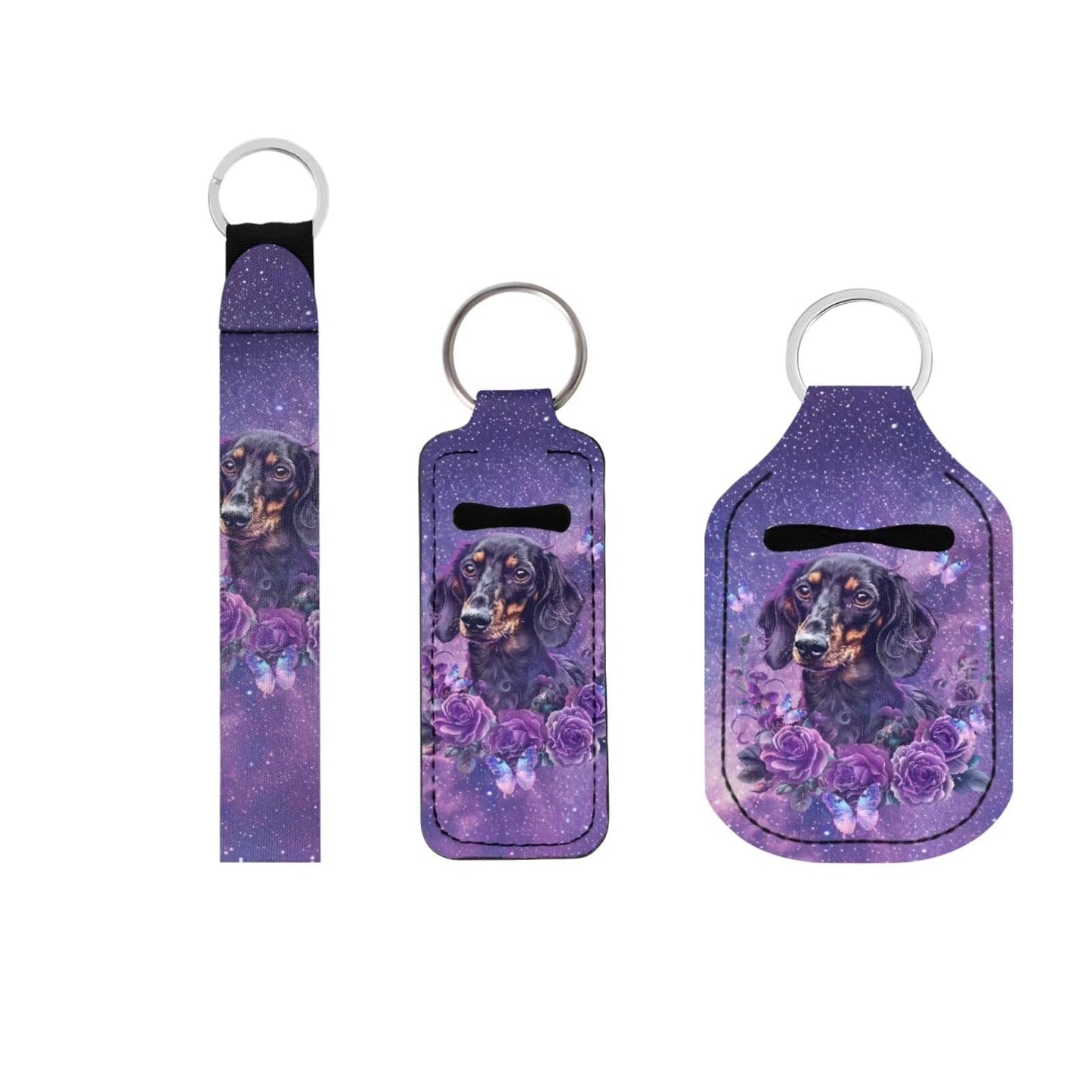 Suobstales Galaxy Dachshund Flower Print Travel Keychain Holders Kits, Travel Bottle Chapstick Lanyard Keychain Holders Set Neoprene Balm Holders Pouch Makeup Storage Organizer, Set of 3