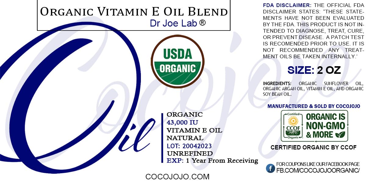 Dr Joe Lab Organic Vitamin E Oil USDA Certified Tocopherol 100% Natural 43000 IU 2 oz & Dropper for Skin Face Hair Nails Body Eyelashes Hydrate Rejuvenate Moisturizer Antioxidant