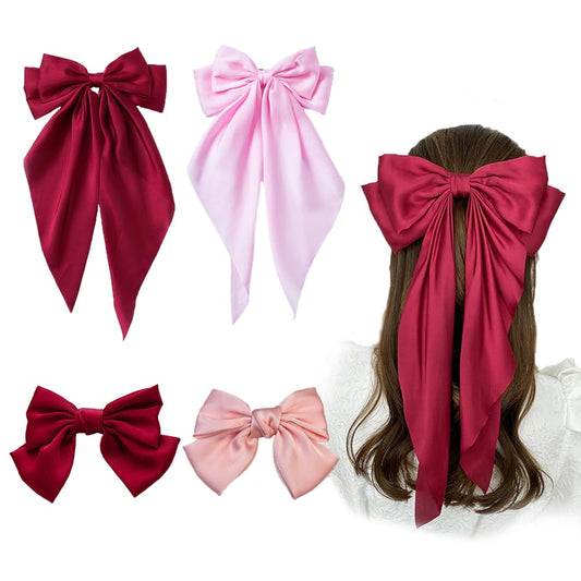 Bow Clips for Women, ELKINROVIC Mini Bow Alligator Clips Long Soft Small Coquette Bows Ribbon Bowknot Hair Bows for Girls Adult Kids Pink&Red(4Packs)