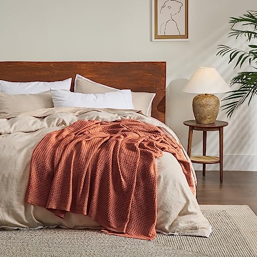 Bedsure 100% Cotton Large Throw Blankets for Couch - Waffle Weave Red Orange Throw Blankets for Bed, Lightweight and Soft Spring Throw Blankets for Office, 50x70 inches