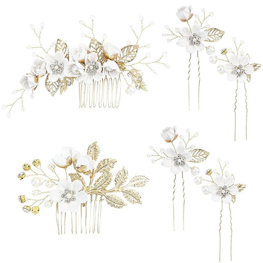 6 Pack White Wedding Hair Combs Pearl Crystal Wedding Side Hair Combs Bridal Flower Hair Combs U-Shaped Flower Hair Clips Suitable for Brides Bridesmaid Ladies and Girls Wedding Bridal Hair Acces