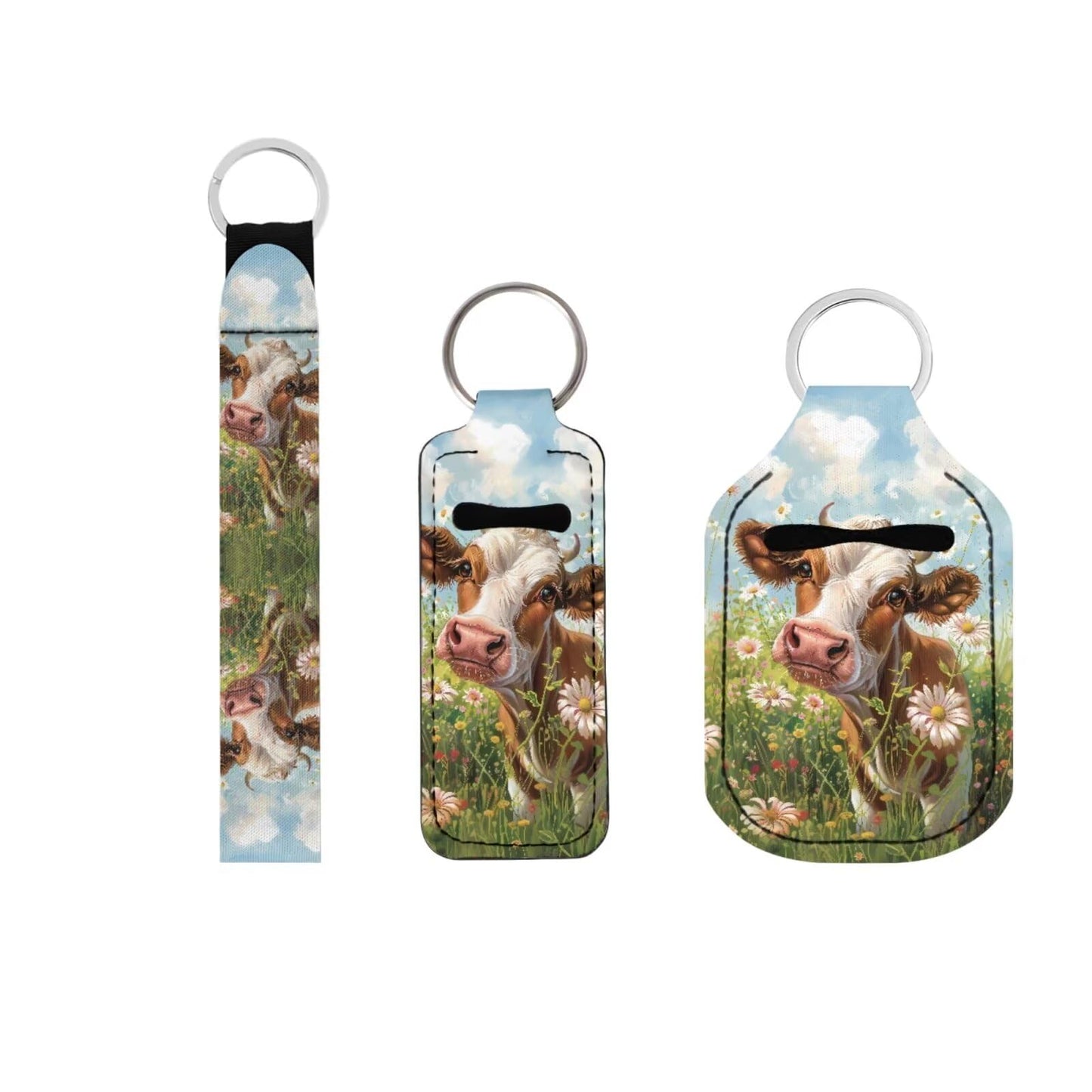 Suobstales Cow Daisy Print Travel Keychain Holders Kits, Travel Bottle Chapstick Lanyard Keychain Holders Set Neoprene Balm Holders Pouch Makeup Storage Organizer, Set of 3