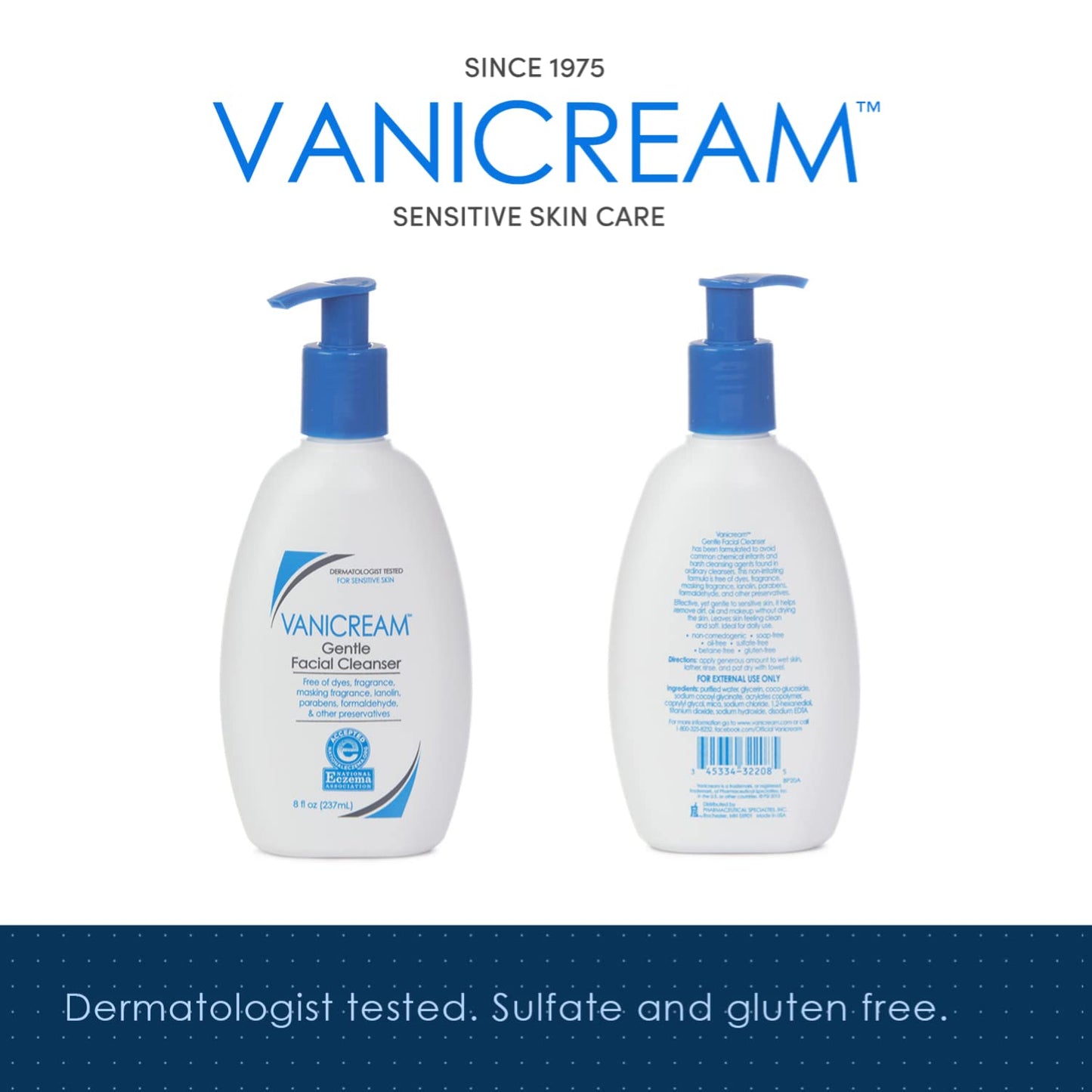 Vanicream Gentle Facial Cleanser 8 oz & Moisturizing Skin Cream for Sensitive Skin 2 oz Bundle