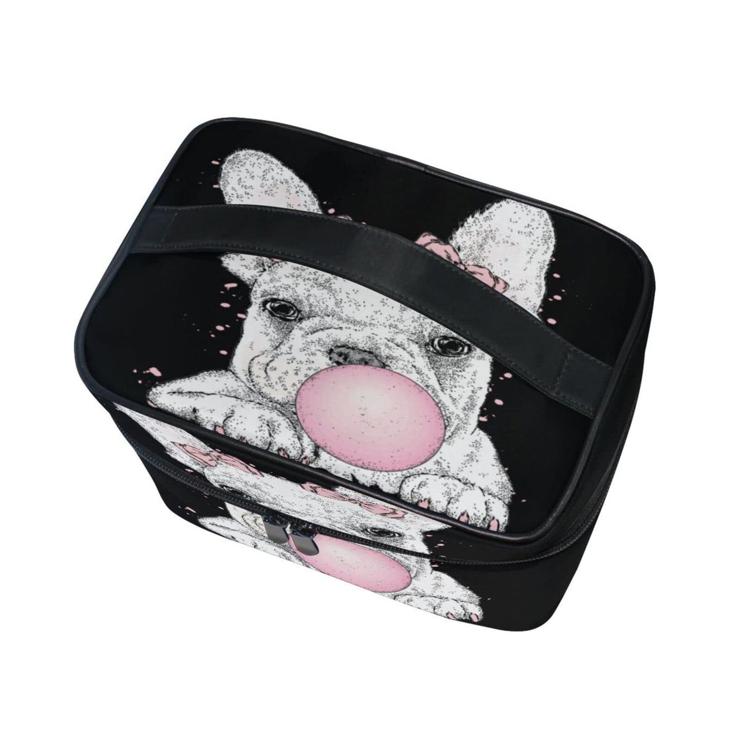 ZOEO Makeup Train Case Pink Bulldog Puppy Bubbles Korean Carrying Portable Zip Travel Cosmetic Brush Bag Organizer Large for Girls Women