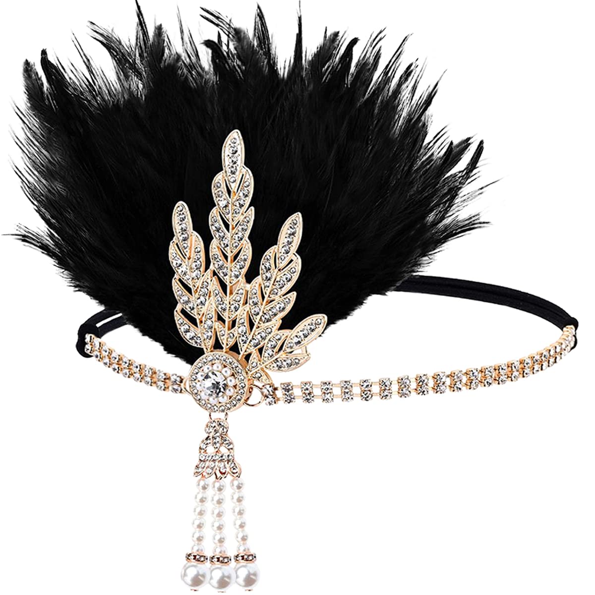 FERCAISH 1920s Flapper Headband, Roaring 20s Black Feather Crystal Headband Bachelor Party Feather Headband, Great Hair Accessories for Women