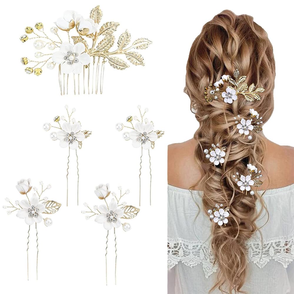 6 Pack White Wedding Hair Combs Pearl Crystal Wedding Side Hair Combs Bridal Flower Hair Combs U-Shaped Flower Hair Clips Suitable for Brides Bridesmaid Ladies and Girls Wedding Bridal Hair Acces