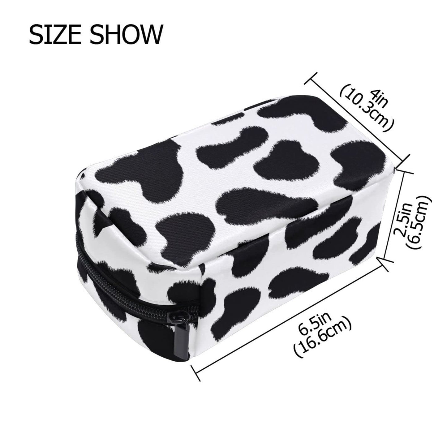 JHKKU Cows Print Makeup Bag Portable Square Cosmetic Bag Black Zipper Storage Bag for Women Travel Toiletry Bag