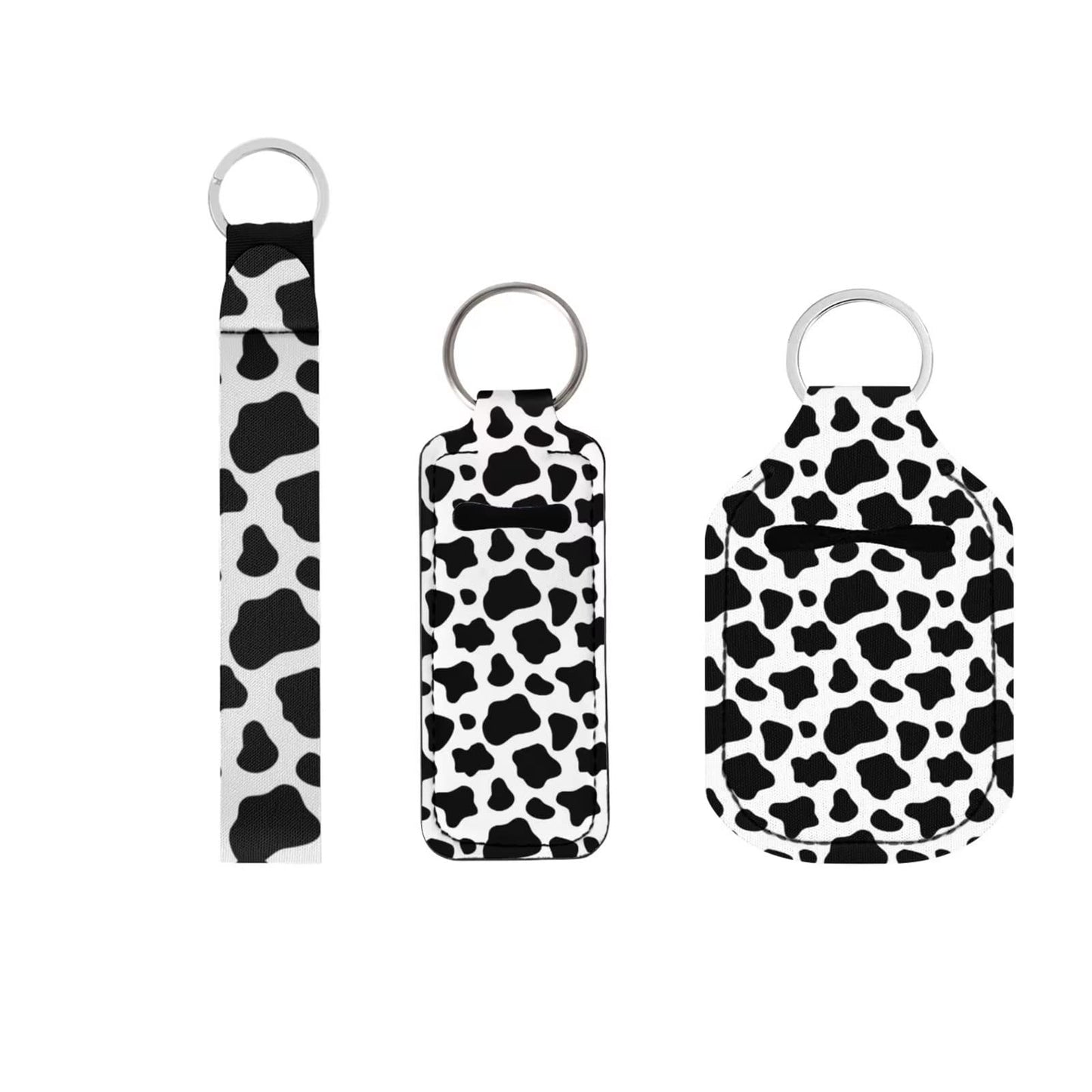 Suobstales 3 Pack Travel Bottles Keychain Holder Set Cow Print Chapstick Holder Keychains Wristlet With Black White Animal Pattern for Women Girls Travel Accessories Makeup Organizer