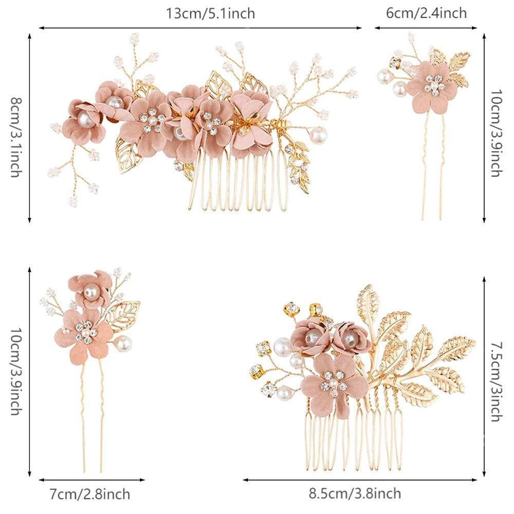 6 Pieces Pink Flowers Bride Wedding Hair Side Comb + U-Shaped Floral Hairpin Formal Ball Headwear Accessories Bride Bridesmaid Ladies Girls