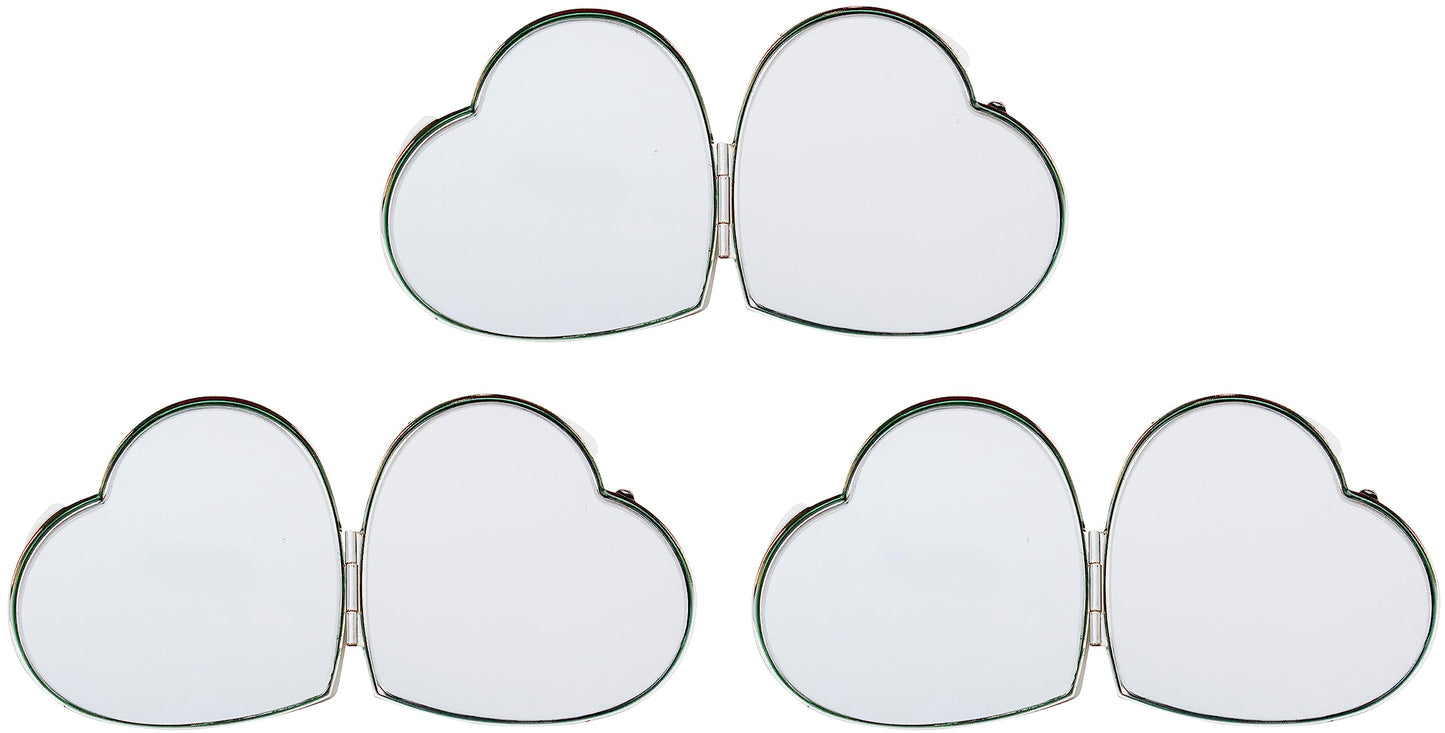 Stephanie Imports Set of 3 Slim Heart-Shaped Double Sided Magnifying Compact Mirrors (Large, Silver)