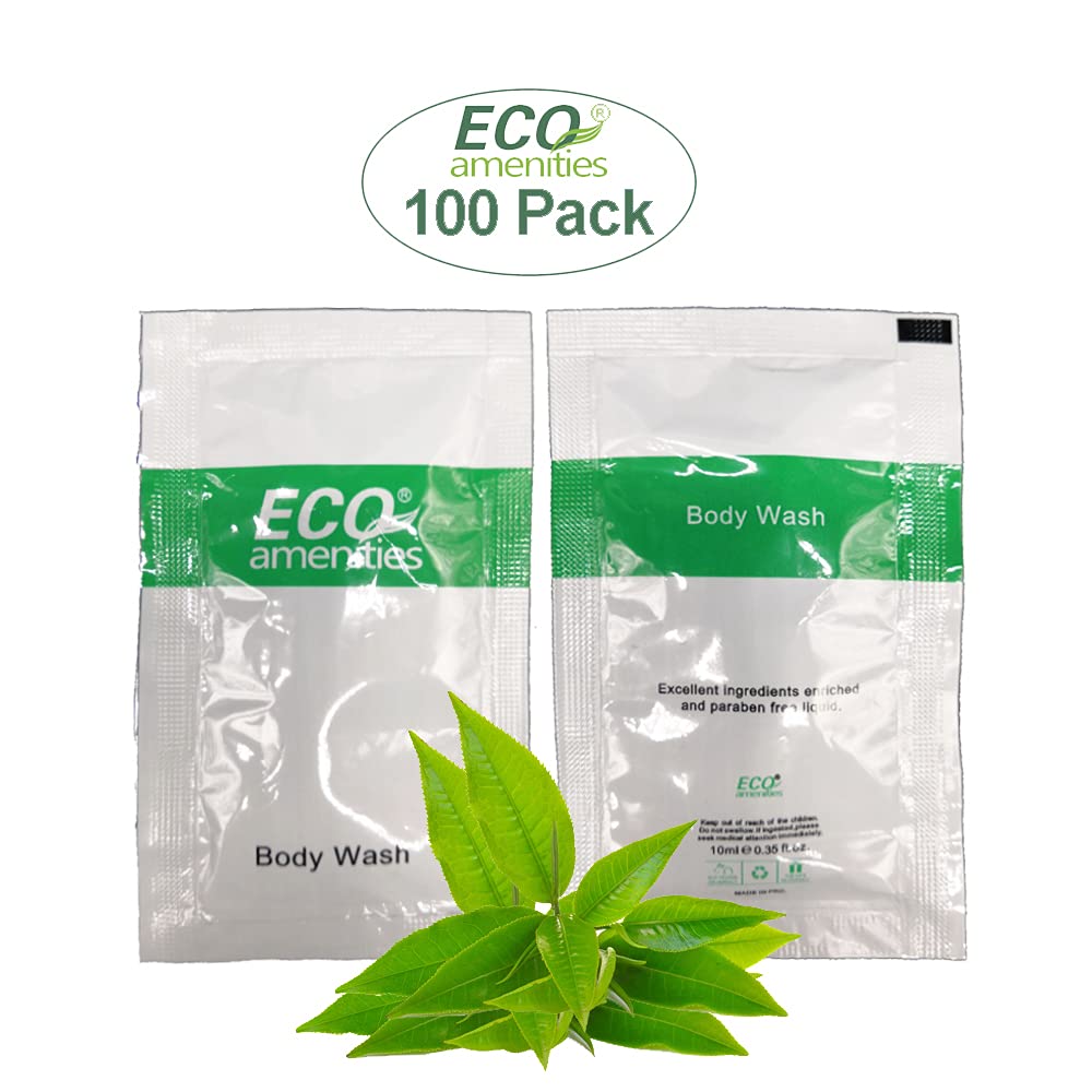 Eco Amenities Travel Size Body Wash Bulk - Hotel Supplies for Guests - Great for Vacation Rental & Airbnb Toiletries - Body Wash for Men & Women - Green Tea Scent - 100 pack, 0.35 fl oz (10ml) Sachets