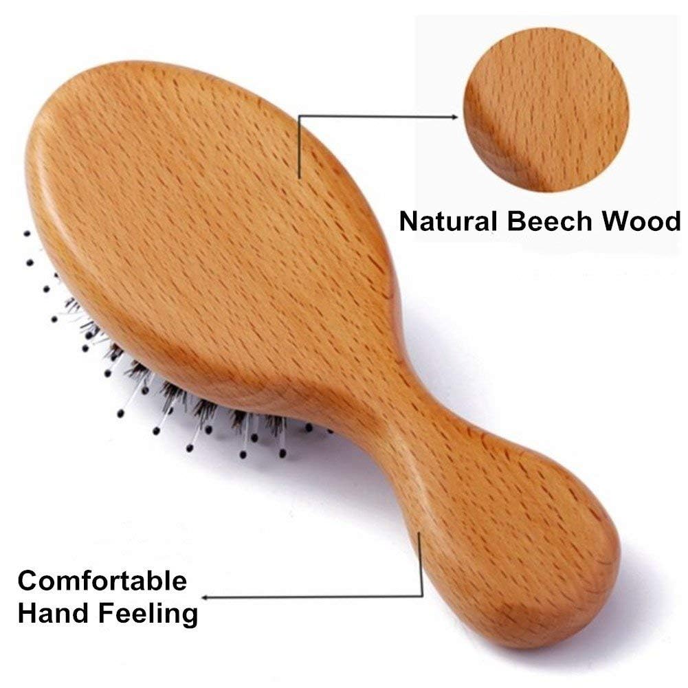 Hair Brush Mini Boar Bristle Hairbrush for Thick Thin Straight Curly Hair, 2 Pcs Natural Beech Wood Handle Cushion Massage Detangling Hair Brush for Men Women Gilrs Boys