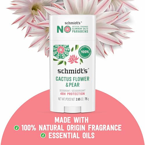 Schmidt's Aluminum-Free Vegan Deodorant Cactus Flower & Pear with 24-Hour Odor Protection, 2 Count for Women and Men, Natural Ingredients, Cruelty-Free, 2.65 oz