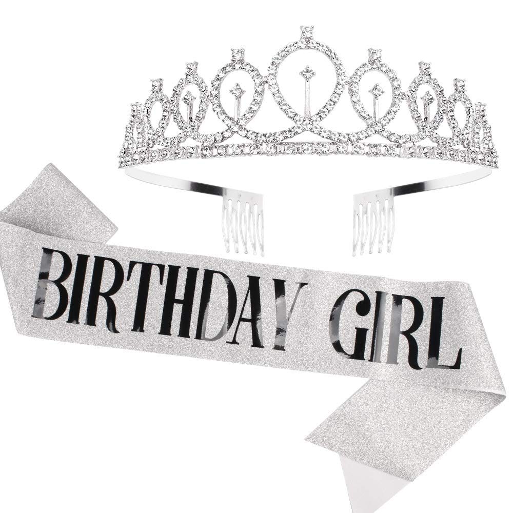 Birthday Crown, Didder Sliver Birthday Girl Sash & Rhinestone Tiara Set, Birthday Tiara Birthday Crowns for Women Birthday Sash and Tiaras for Women Girls Birthday Gifts Party Accessories