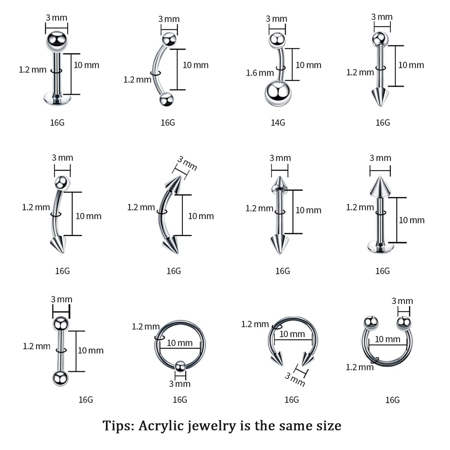 Howinn 194PCS Professional Piercing Kit Stainless Steel Acrylic Piercing Jewelry for Ear Lip Belly Button Tongue Tragus Cartilage Daith Body Piercing Tools Kit with 14G 16G Piercing Needles