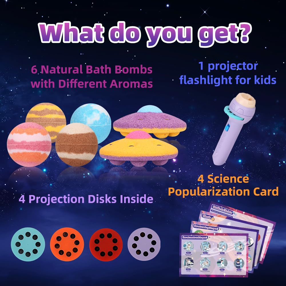 Galaxy Bath Bombs for Kids with Surprise Inside, 6 Organic Bath Bombs with 4 Educational Projection Disks & 1 Projector Flashlight, Gentle and Kids Friendly Bubble Bath Fizzy for Birthday, Christmas