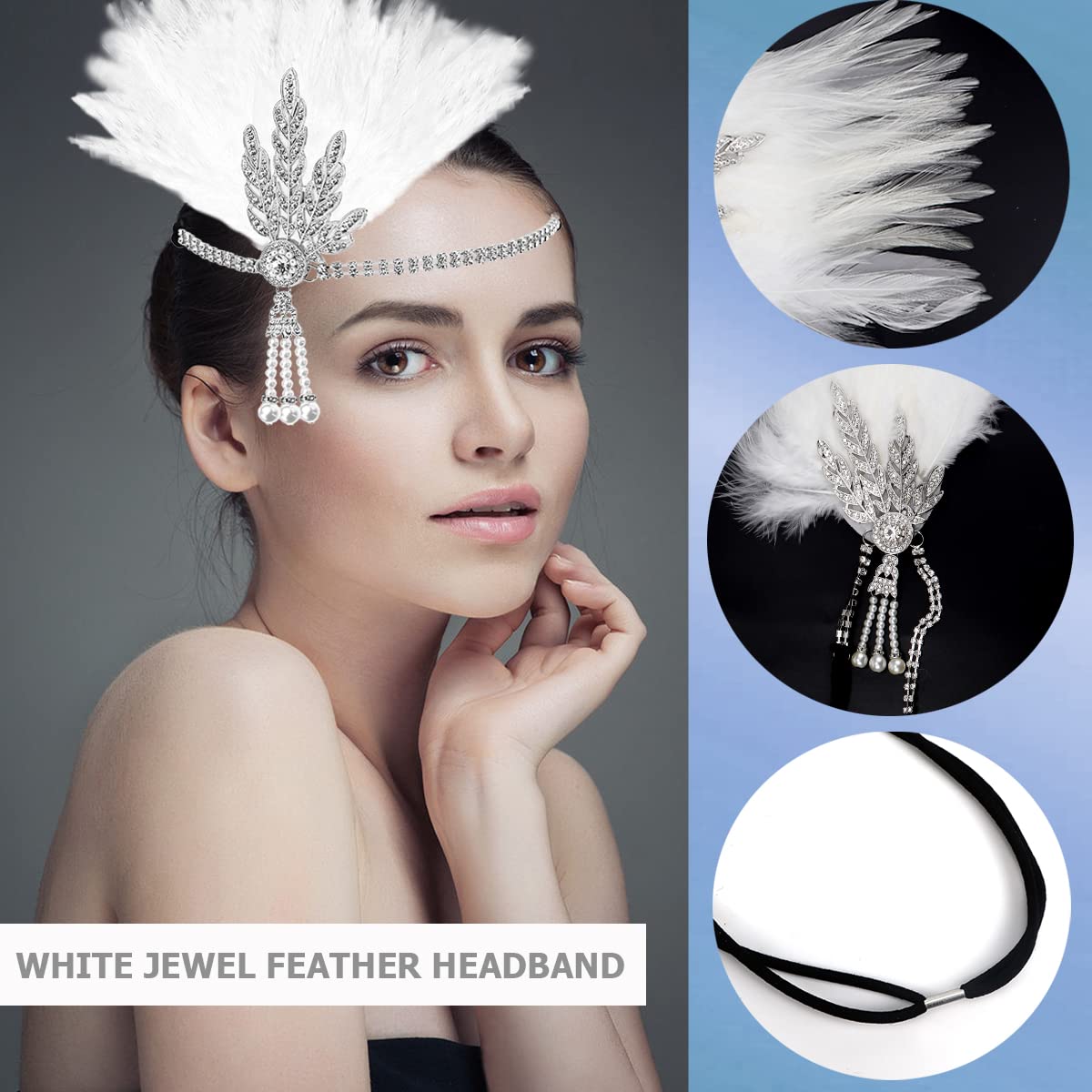 FERCAISH 1920s Flapper Headband, Roaring 20s White Feather Crystal Headband Bachelor Party Feather Headband, Great Hair Accessories for Women (White)