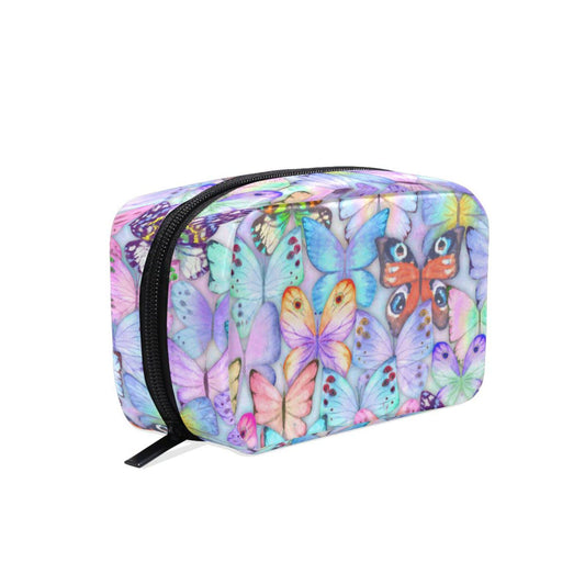 JHKKU Makeup Bag Butterfly Colorful Square Cosmetic Bag Portable Travel Toiletry Bag Black Zipper Storage Bag for Women