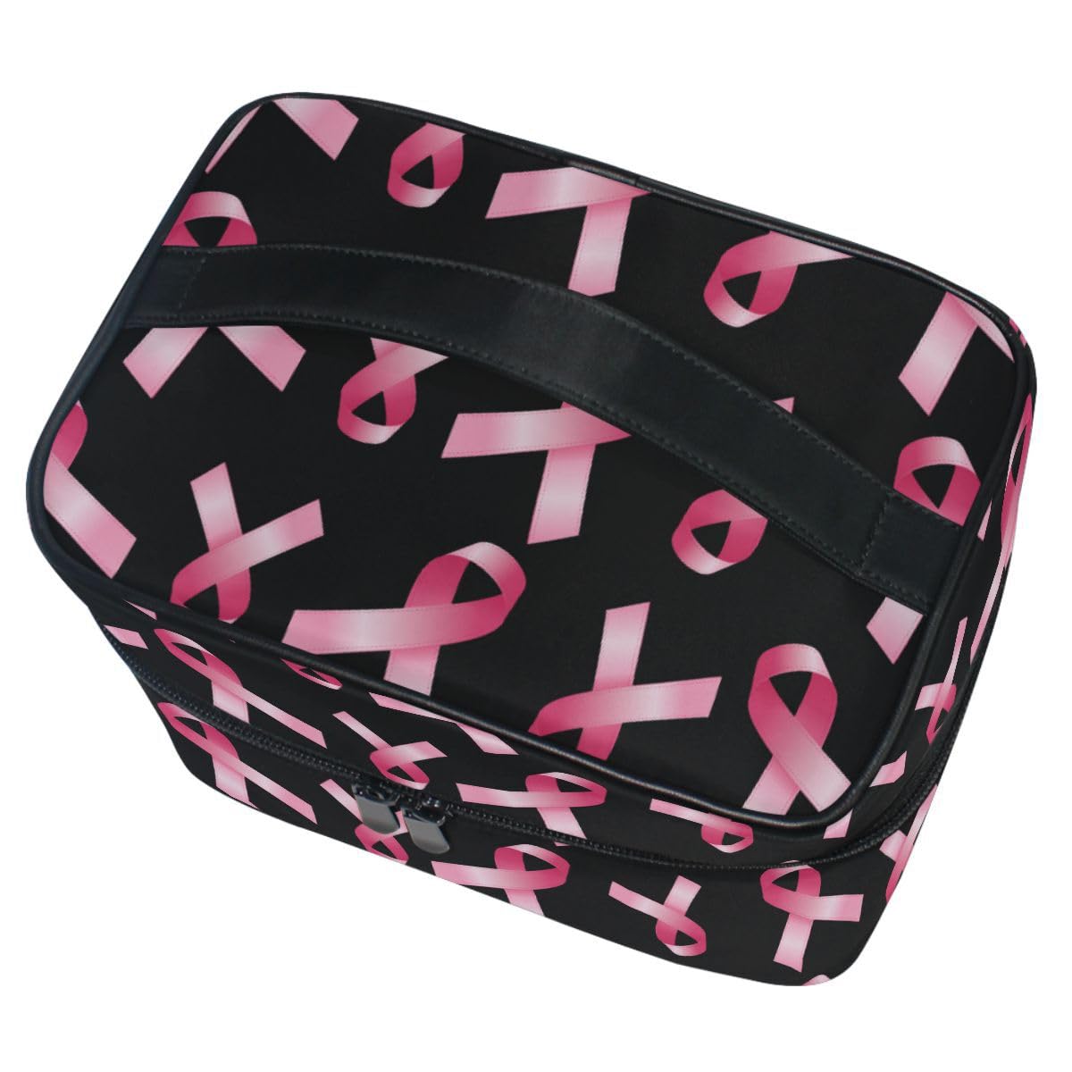 ZOEO Makeup Train Case Breast Cancer Awareness Pink Ribbon Korean Carrying Portable Zip Travel Cosmetic Brush Bag Organizer Large for Girls Women