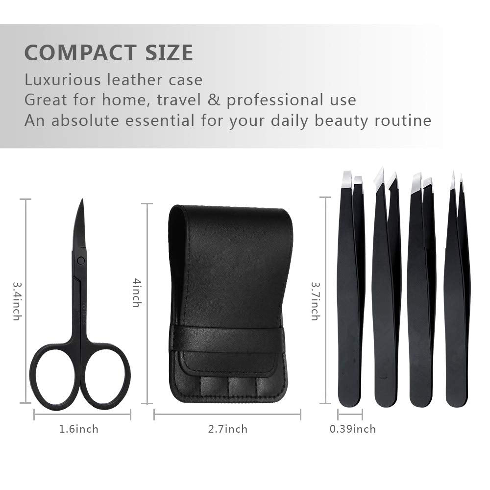 Tweezers Set 5-Piece - Professional Stainless Steel Tweezers with Curved Scissors, Best Precision Tweezer for Eyebrows, Splinter & Ingrown Hair Removal with Leather Travel Case (Black)