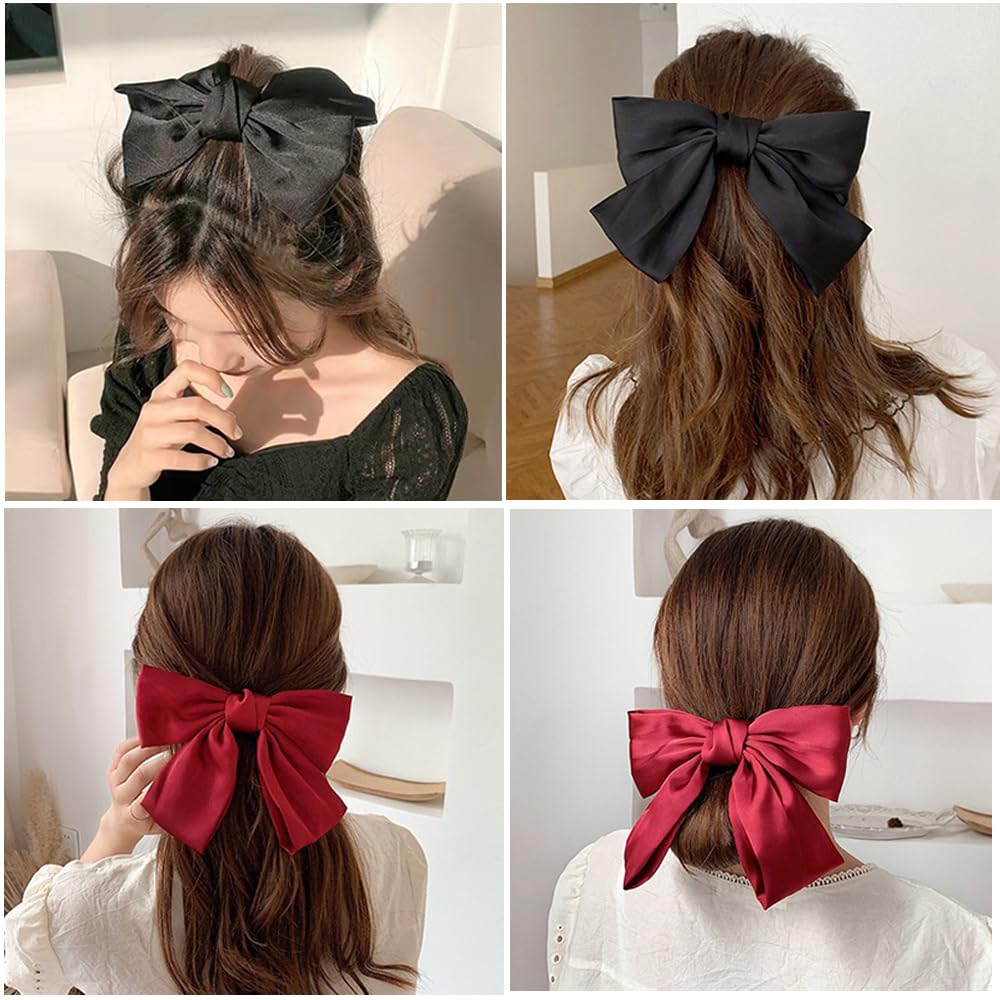 Bow Clips for Women, ELKINROVIC Mini Bow Clips Long Soft Small Coquette Bows Ribbon Bowknot Hair Bows for Girls Adult Kids Black&Beige(4Packs)