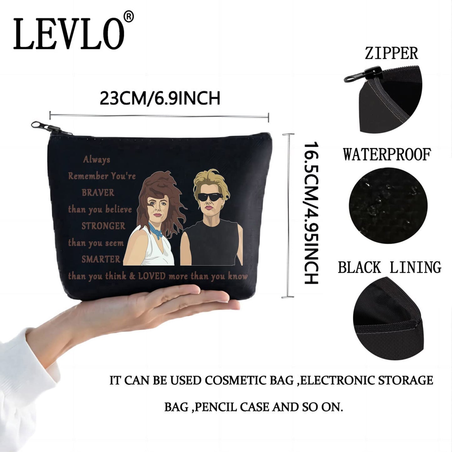 LEVLO Thelma Louise Movie Cosmetic Make Up Bag Thelma Louise Fans Gift You Are Braver Stronger Smarter Than You Think Thelma Louise Zipper Pouch Bag (Thelma Black)