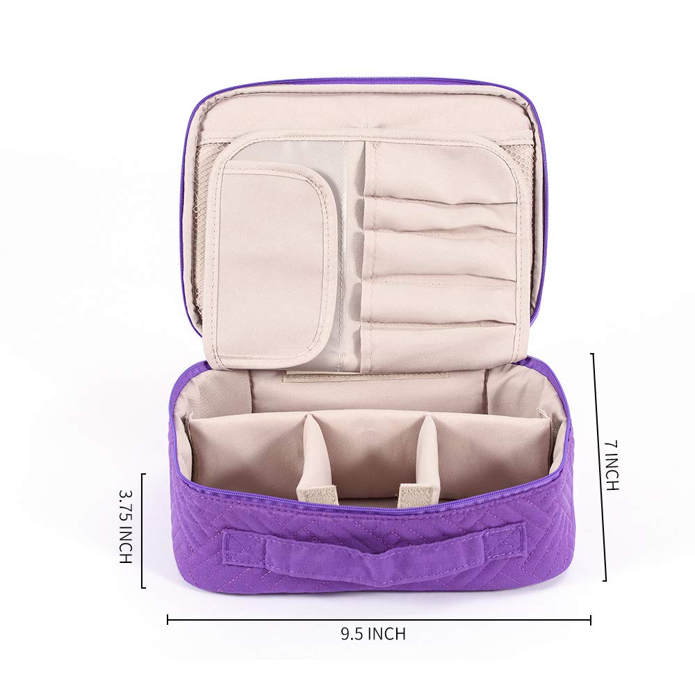 WEIBIN Travel Makeup Bag, Toiletry Bag, Cosmetic Organizer with Adjustable Dividers and Brushes Holder for Purse, Makeup Case Zipper Pouch for Women and Girls-Purple