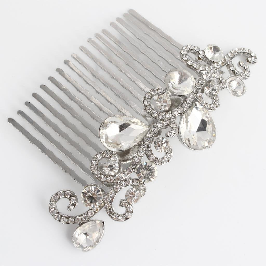 EVER FAITH Rhinestone Crystal Leaf Wave Tear Drop Wedding Bridal Hair Comb Clear Silver-Tone